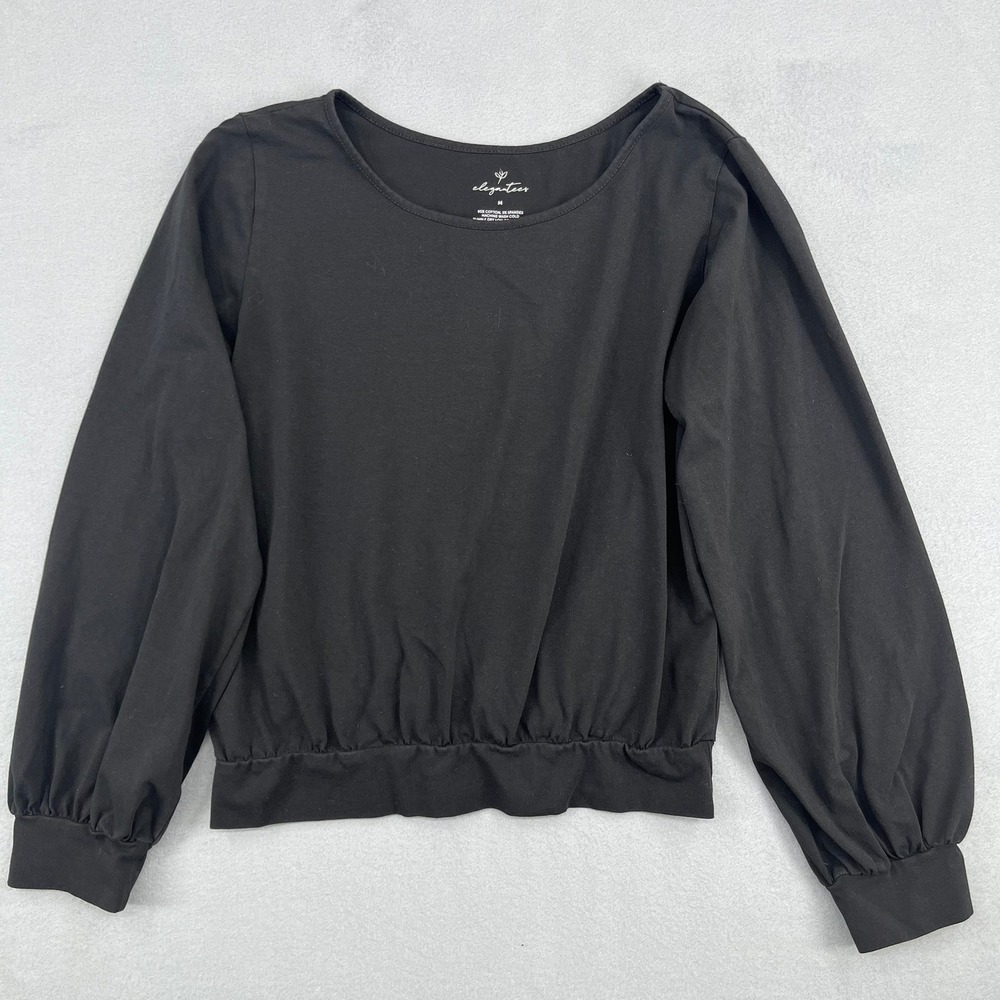 Elegantees Women Black Long Sleeve Scoop Neck Cinched Elastic Hem Top Size M